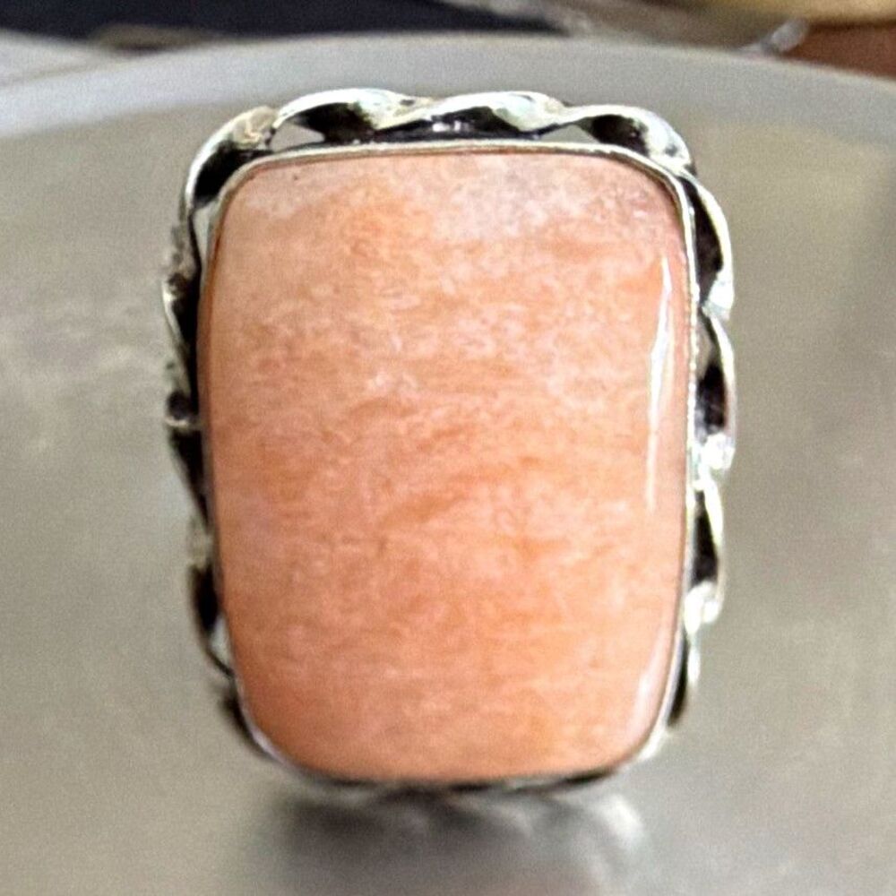 925 Sterling Silver Peach Amazonite Rectangular Cabochon Bezel Ring Size 10